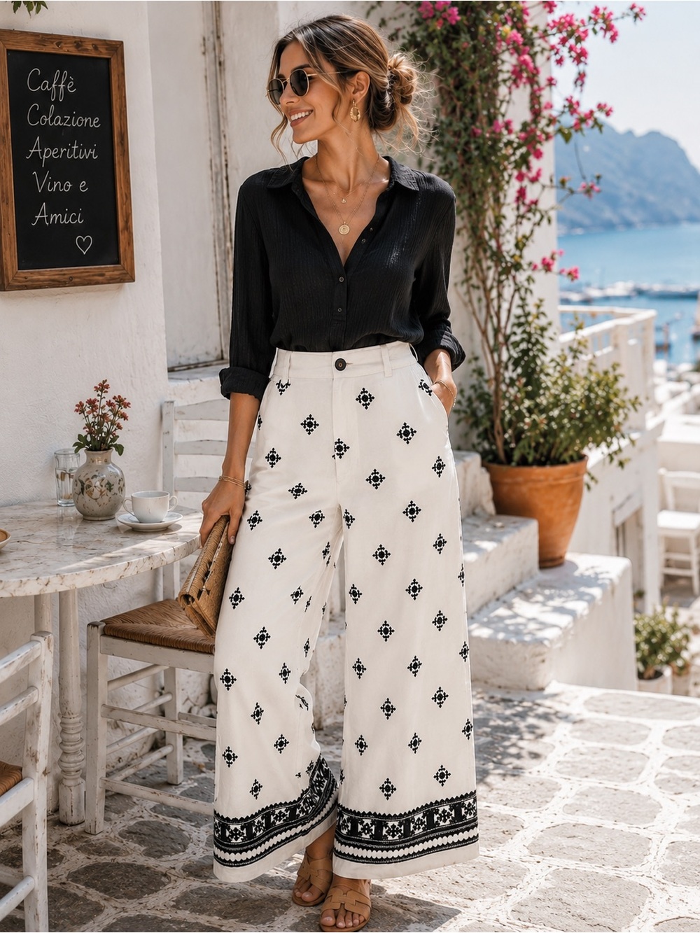✨ Zara Embroidered Wide Leg Pants | Coastal Boho Resort Linen Blend Trousers |